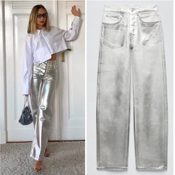 NWT Zara The Boy Boy Fit In Silver Jeans Metallic Blogger Favorite Sz 6 - Picture 1 of 16